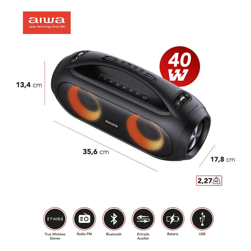 Parlante Aiwa Boombox Aw-s500bt Portátil Con Bluetooth Color Negro