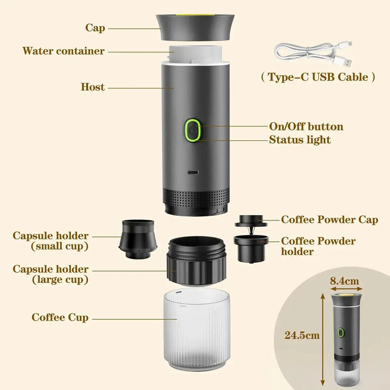 Cafetera Portátil Maquina Expresso 3 En 1 Mini Recargable Color Negro