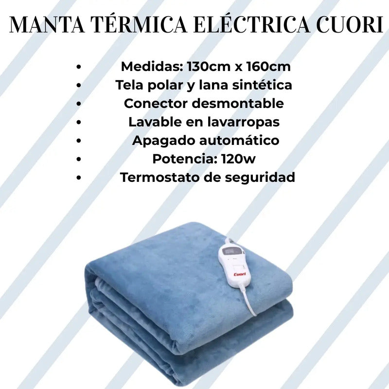 Manta Eléctrica Cuori 1 Plaza Tela Polar 10 Niveles Azul Azul Caribe