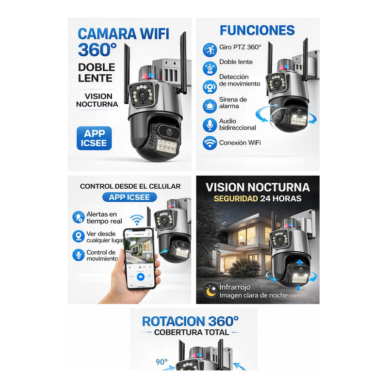 Camara Seguridad Wifi 360° Doble Lente Vision Nocturna Negro